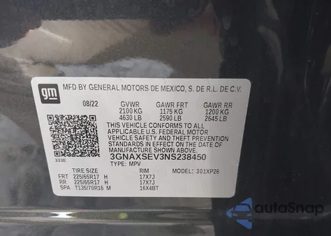 2022 Chevrolet Equinox Awd Ls из США, поврежденный, VIN 3GNAXSEV3NS238450